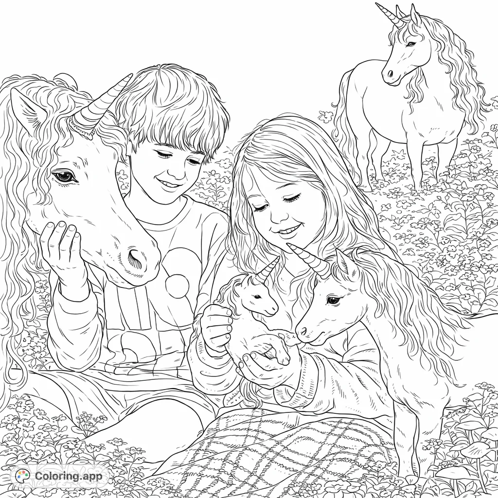 Discover a wondrous unicorn coloring page featuring two children interacting with three magical unicorns in a charming, flower-filled forest. Perfect for fantasy fans!