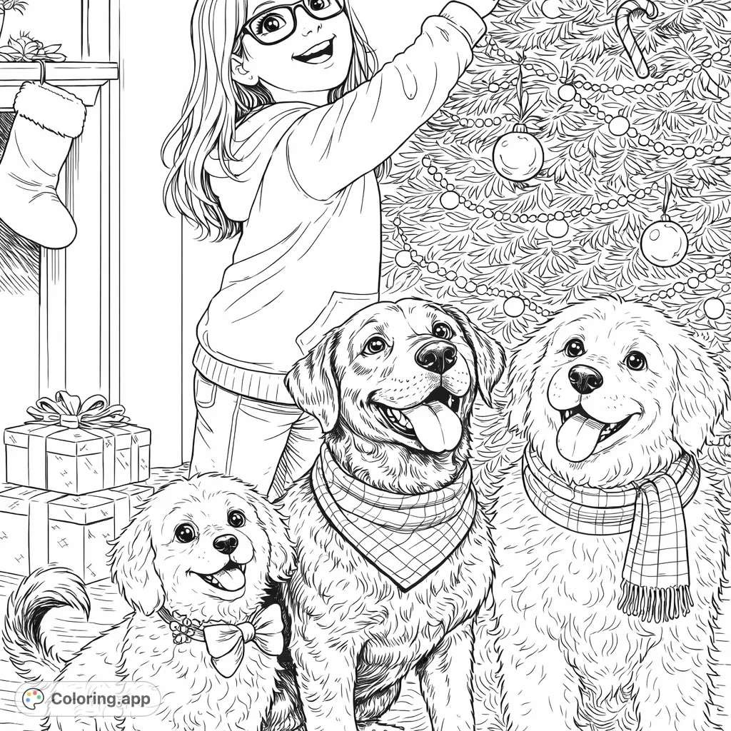 A joyful scene with a girl decorating a festive tree alongside three happy dogs wearing seasonal accessories, surrounded by gifts. Perfect for holiday fun!