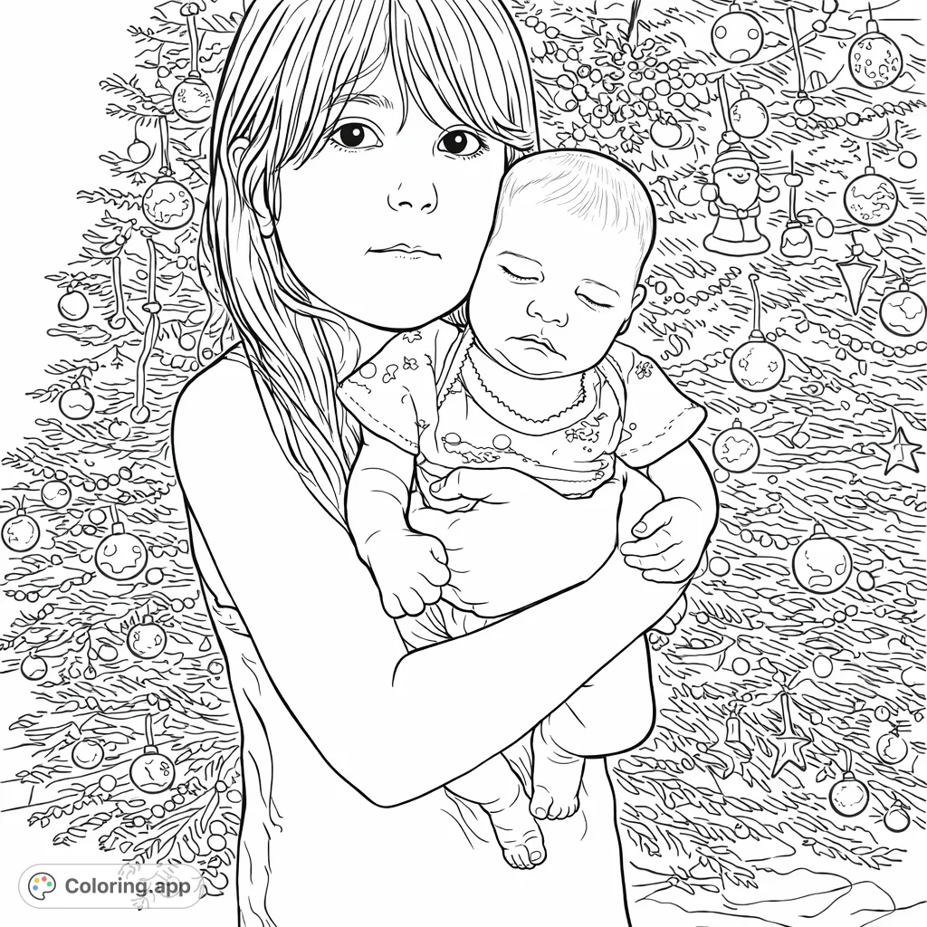 A heartwarming scene of an older sibling holding a sleeping baby in front of a festive tree, adorned with various decorations and gifts. Perfect for holiday joy.
