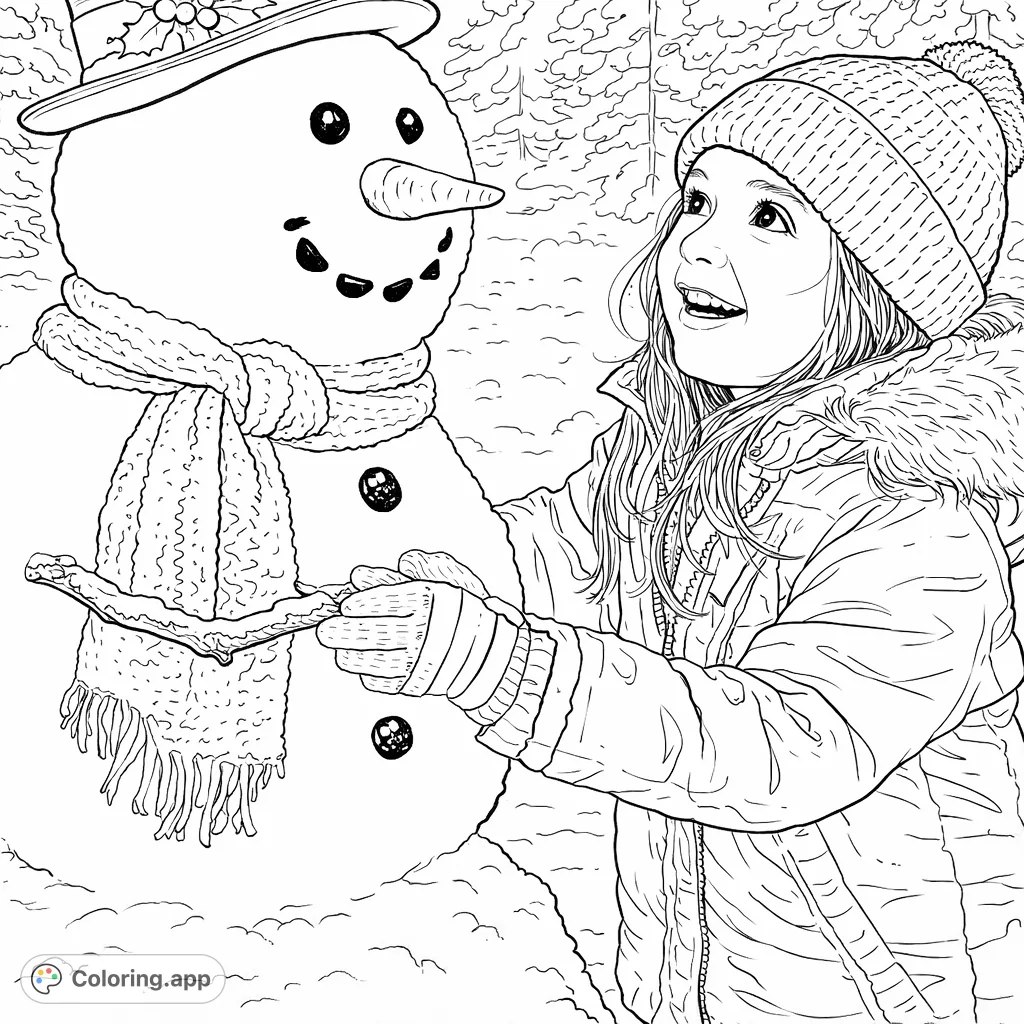 A joyful girl smiles up at a charming snowman in a snowy winter scene. Perfect for seasonal fun, this free printable snowman coloring page captures a heartwarming moment.