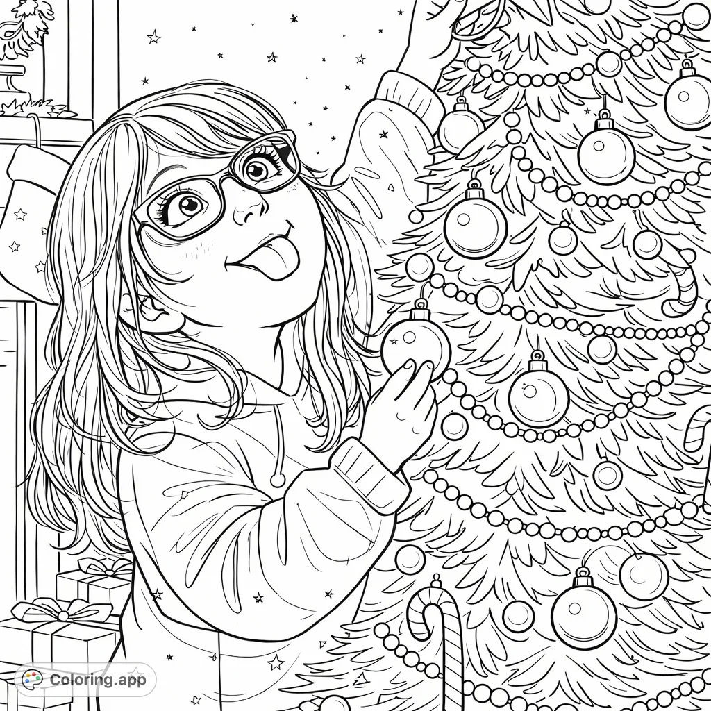 A cheerful girl joyfully decorates a festive Christmas tree, placing a star while surrounded by ornaments and gifts. A whimsical holiday scene for creative coloring fun.
