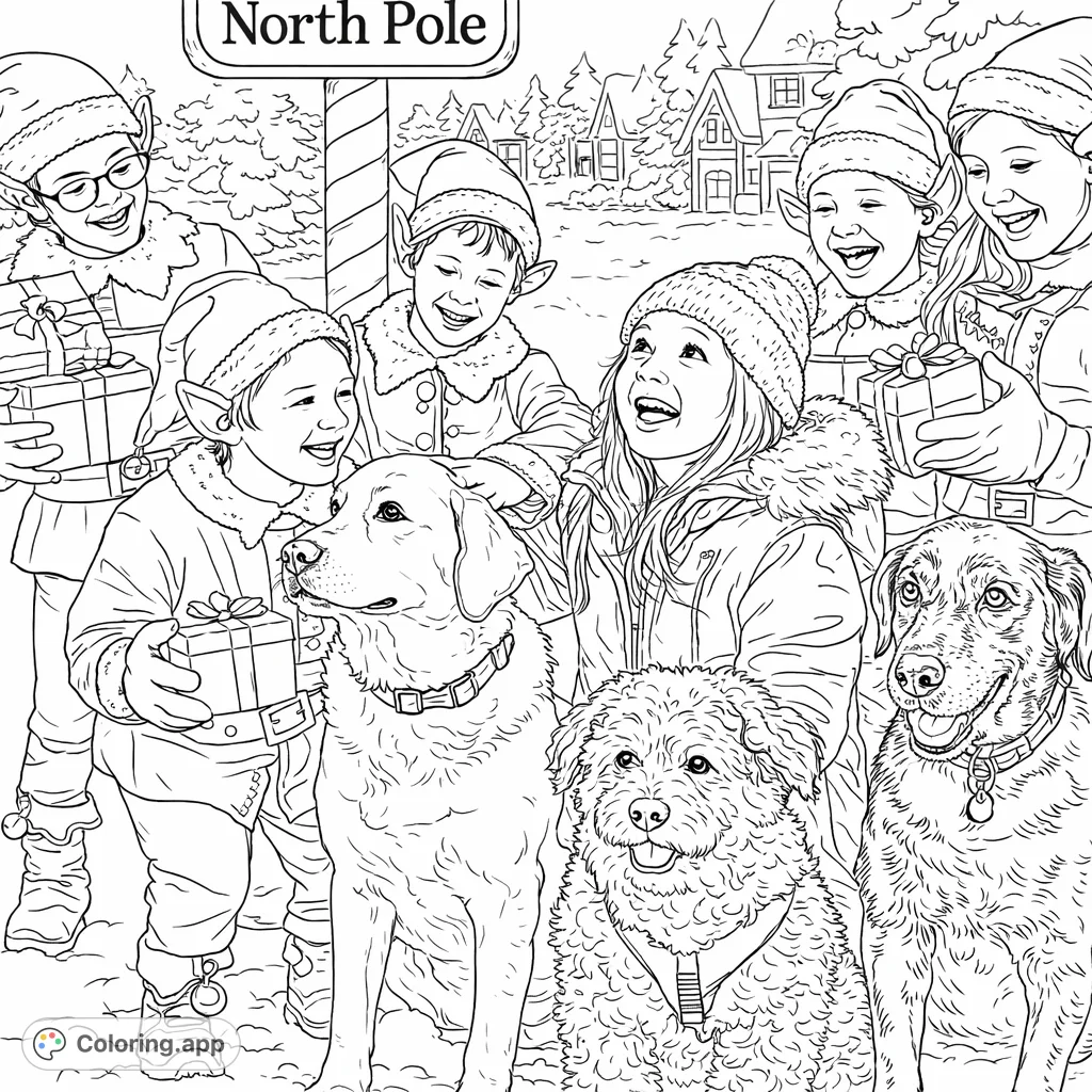 Join joyful elves and their furry friends celebrating with gifts at the snowy North Pole. A festive scene for holiday coloring fun.