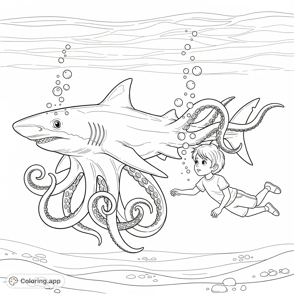 Dive into an exciting underwater world! A unique shark-octopus swims alongside a curious boy, surrounded by bubbles and marine details.