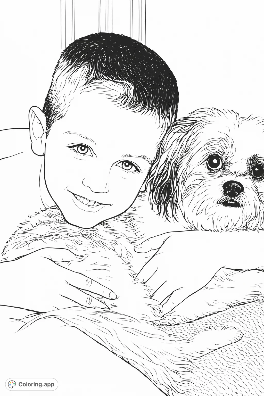 A heartwarming coloring page featuring a smiling boy embracing his beloved fluffy dog. A perfect representation of friendship and companionship.