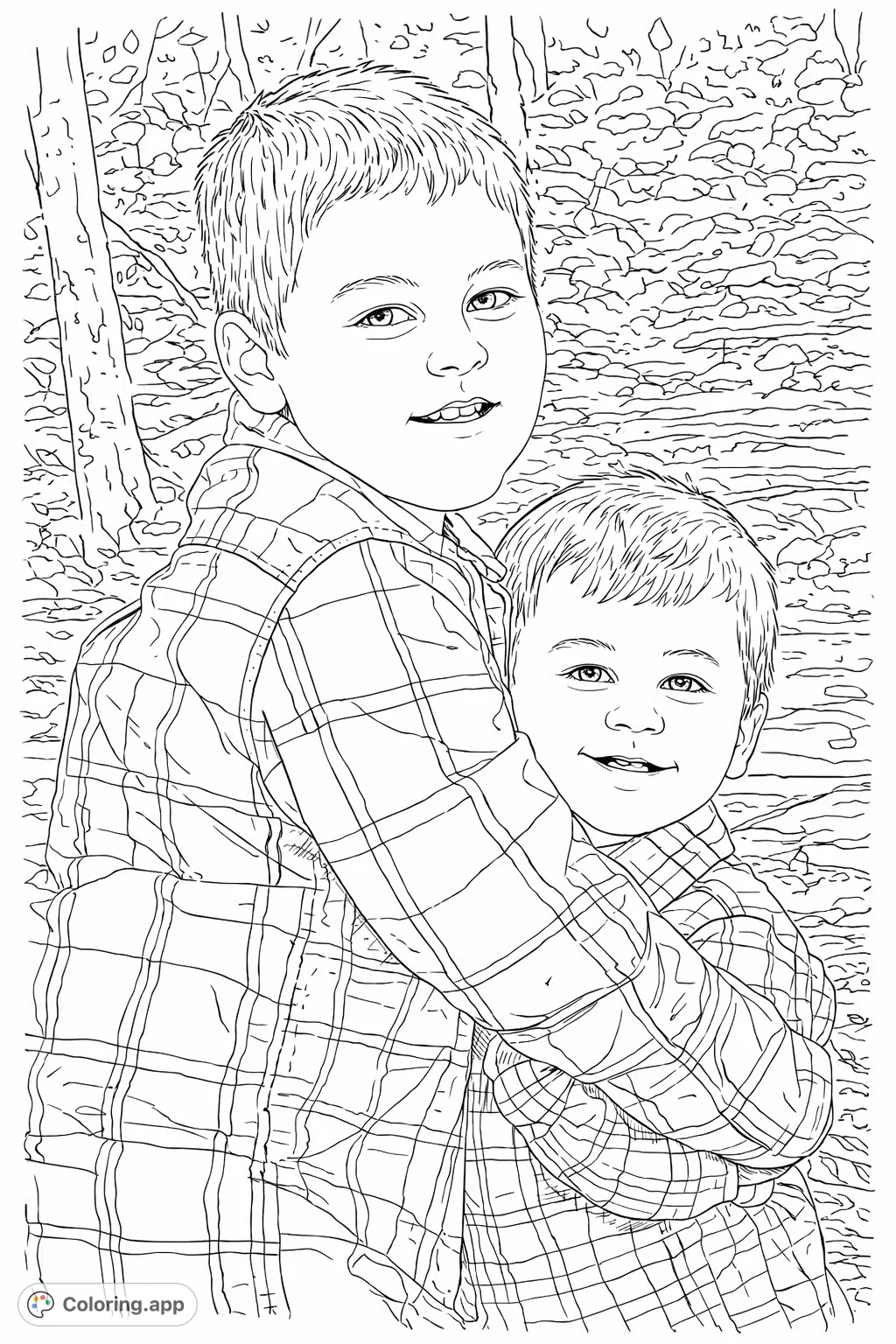 Capture a heartwarming moment of two brothers embracing in an outdoor setting. Features intricate plaid shirts and a natural background, perfect for a personalized creation.