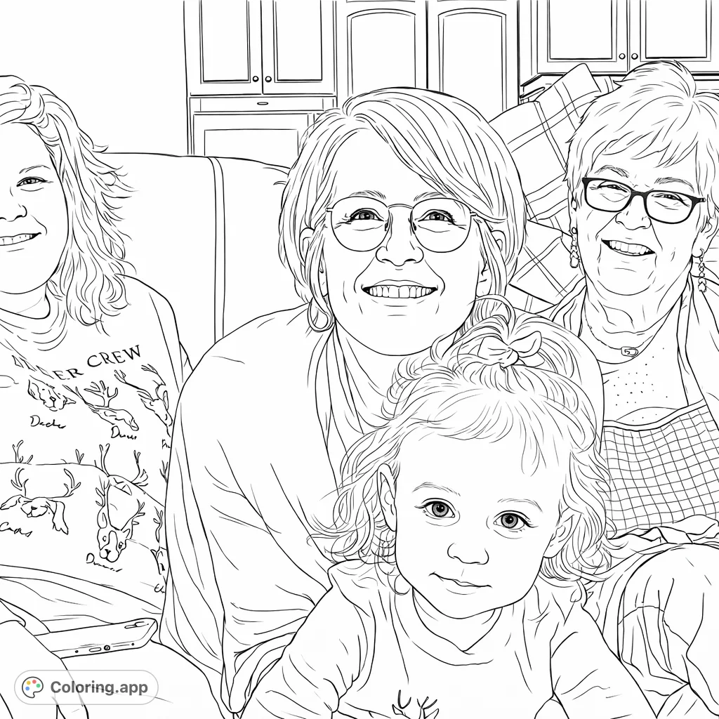 Capture the heartwarming scene of four generations smiling together, perfect for a family coloring page. Features festive reindeer patterns and a cozy indoor setting.