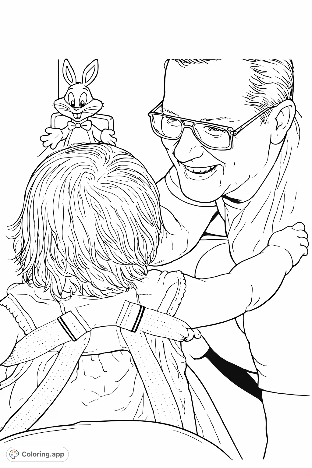 Capture a heartwarming scene of a man and a child, seen from behind, with a classic cartoon rabbit figure overhead. Perfect for family themes.