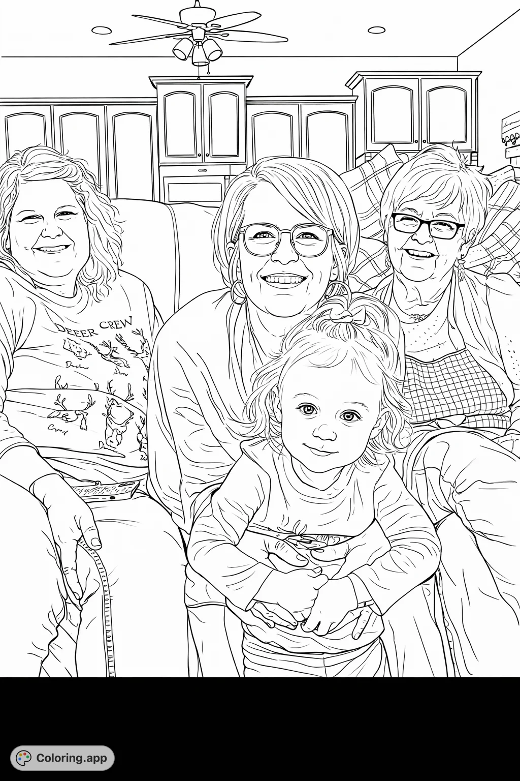 Capture a heartwarming family moment across generations. This delightful coloring page features a happy group portrait, perfect for personalized gifts.