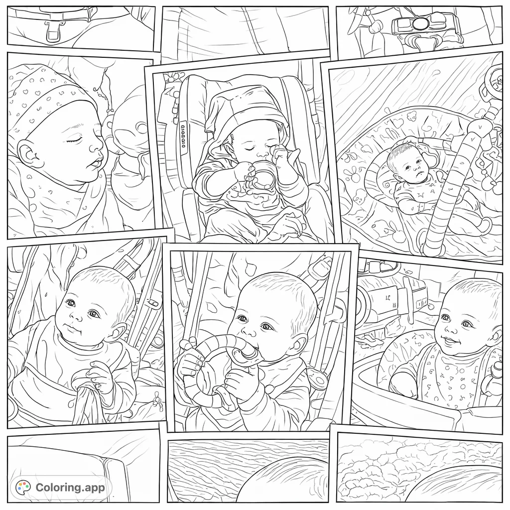 A heartwarming collection of baby moments coloring page, featuring a sweet infant exploring the world, from sleepy snuggles to playful smiles.