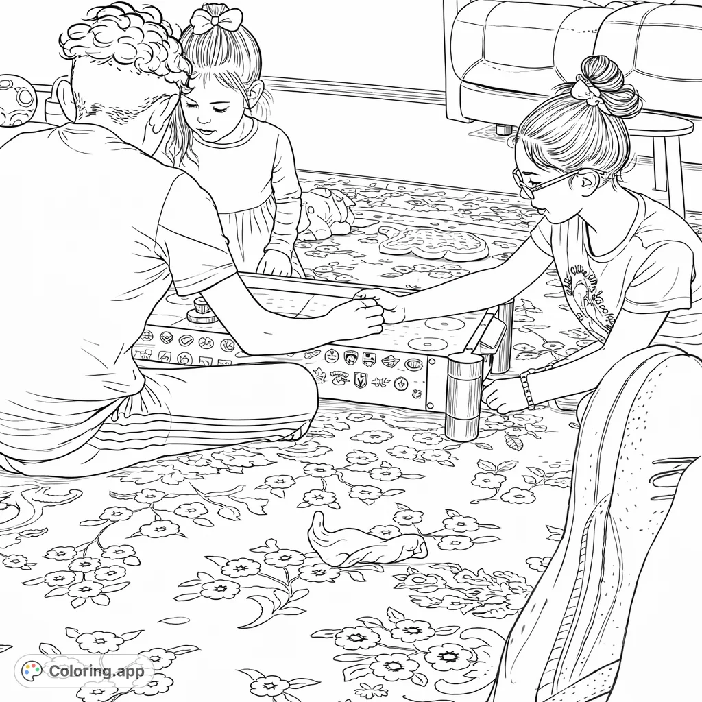 Enjoy coloring this dynamic scene of children playing an air hockey game on a patterned rug, with a younger sibling watching the fun unfold.