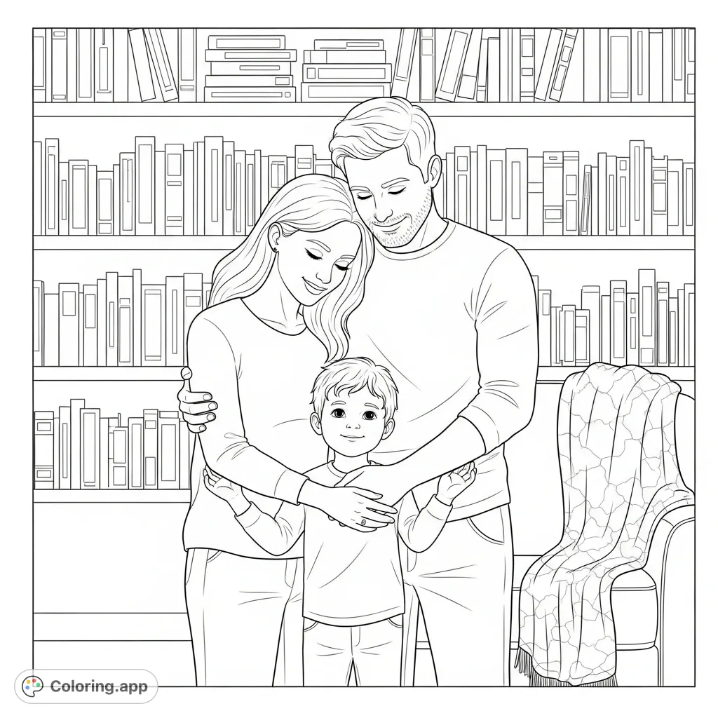 A heartwarming family hug coloring page featuring a mother, father, and their child embraced in a cozy living room, perfect for celebrating love and family bonds.