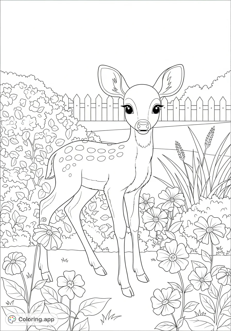 Discover a serene deer in a lush garden, surrounded by detailed flowers and a picket fence. Perfect for a peaceful coloring escape.