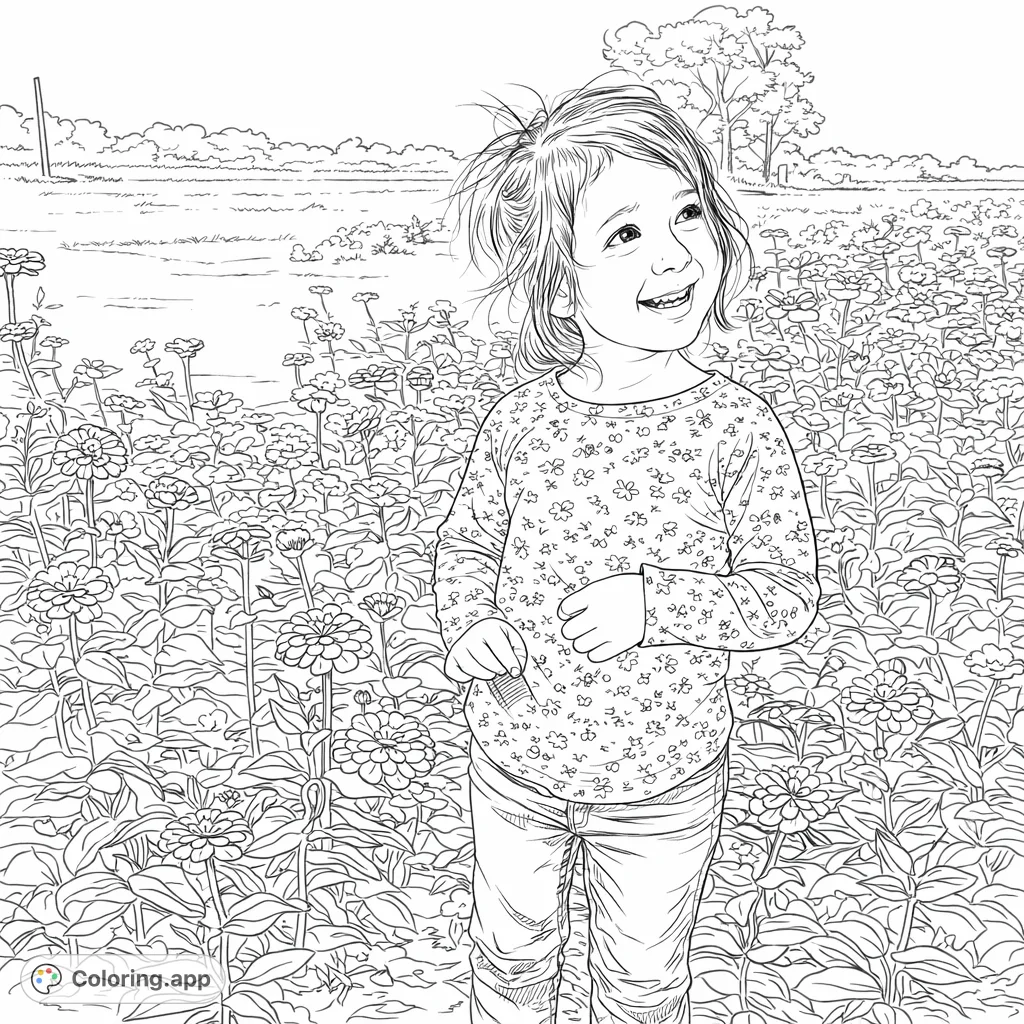 Capture the joy of a child exploring a vibrant flower field. This free printable coloring page offers intricate floral details and a charming subject.