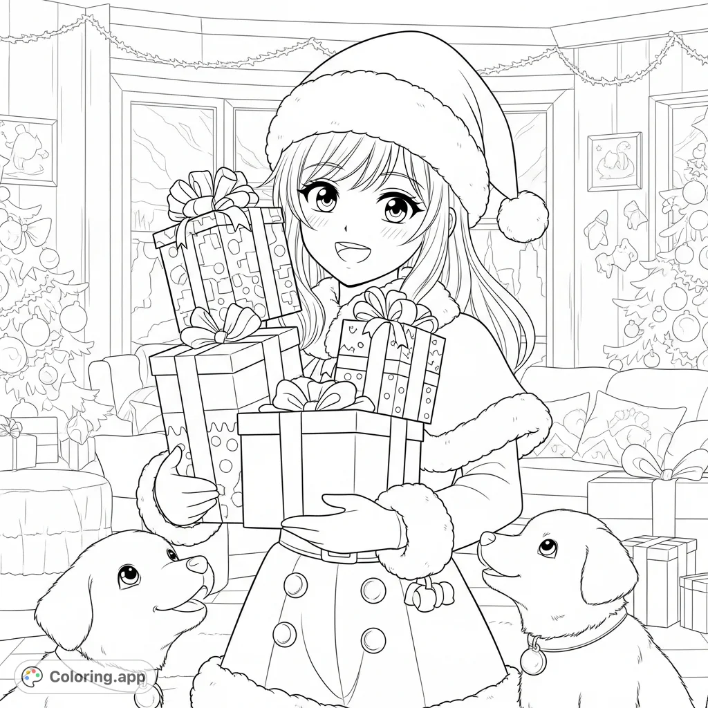 A charming anime Christmas girl, smiling and holding gifts, accompanied by her cute puppy in a festive indoor setting. A joyful holiday coloring page.