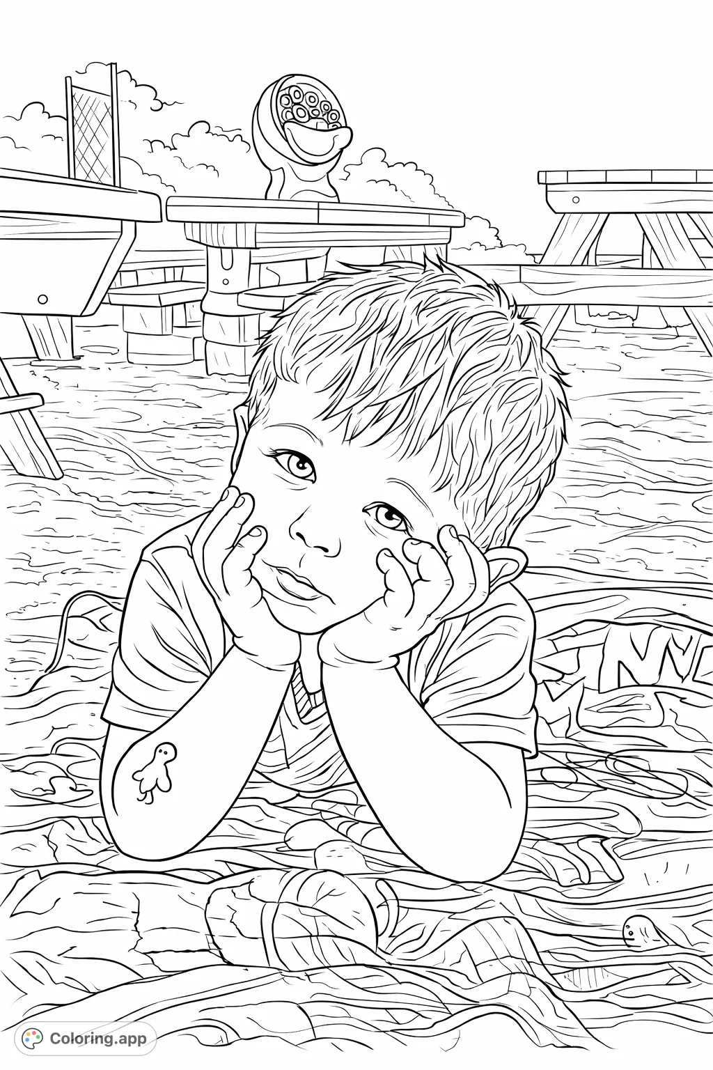 Capture the innocence of a thoughtful young child resting on a patterned blanket in an outdoor picnic setting. A perfect kids coloring page.