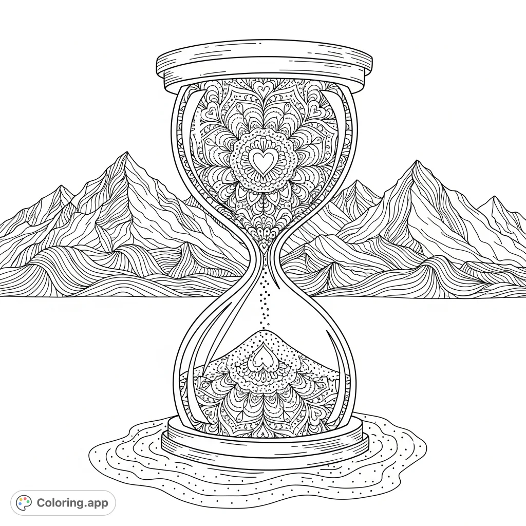 An intricate mandala featuring secret geometry and heart patterns is encased within an elegant hourglass, resting on textured sand with majestic mountains beyond.