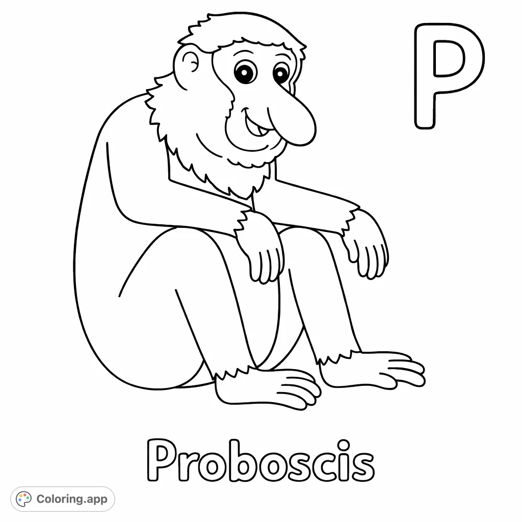 A delightful proboscis monkey with a friendly smile, perfect for kids learning about animals and the alphabet. Simple lines for easy coloring fun!