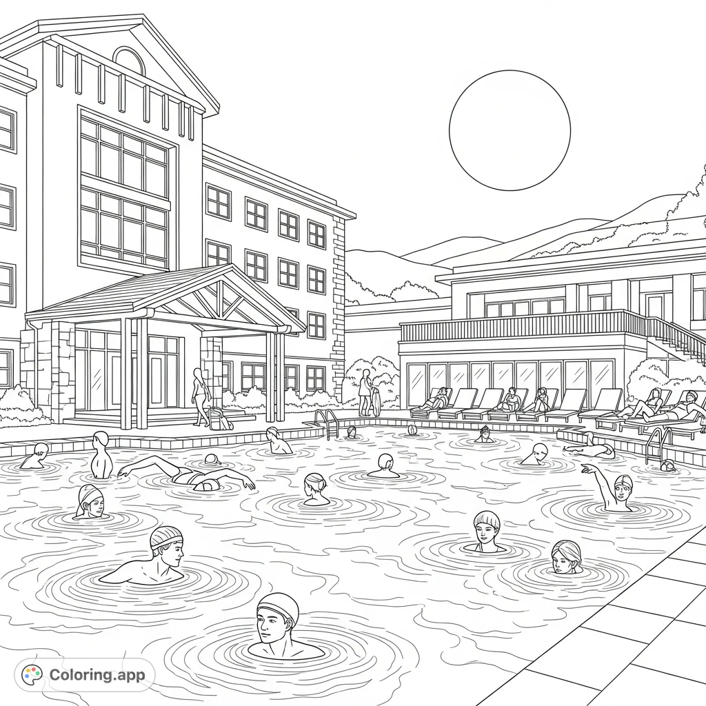 Discover a bustling outdoor thermal pool scene, with swimmers, loungers, a grand building, and distant hills under a prominent light source.