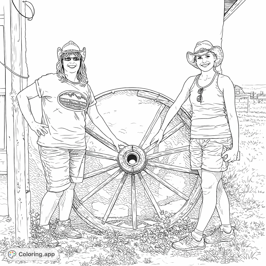 Capture the spirit of adventure with two smiling figures alongside a classic wagon wheel against a rustic wall. A charming scene for any colorist.
