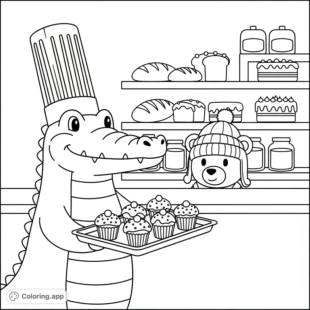 A charming bakery scene featuring a friendly chef crocodile with cupcakes and a bear by shelves of delightful treats. Perfect for young artists!