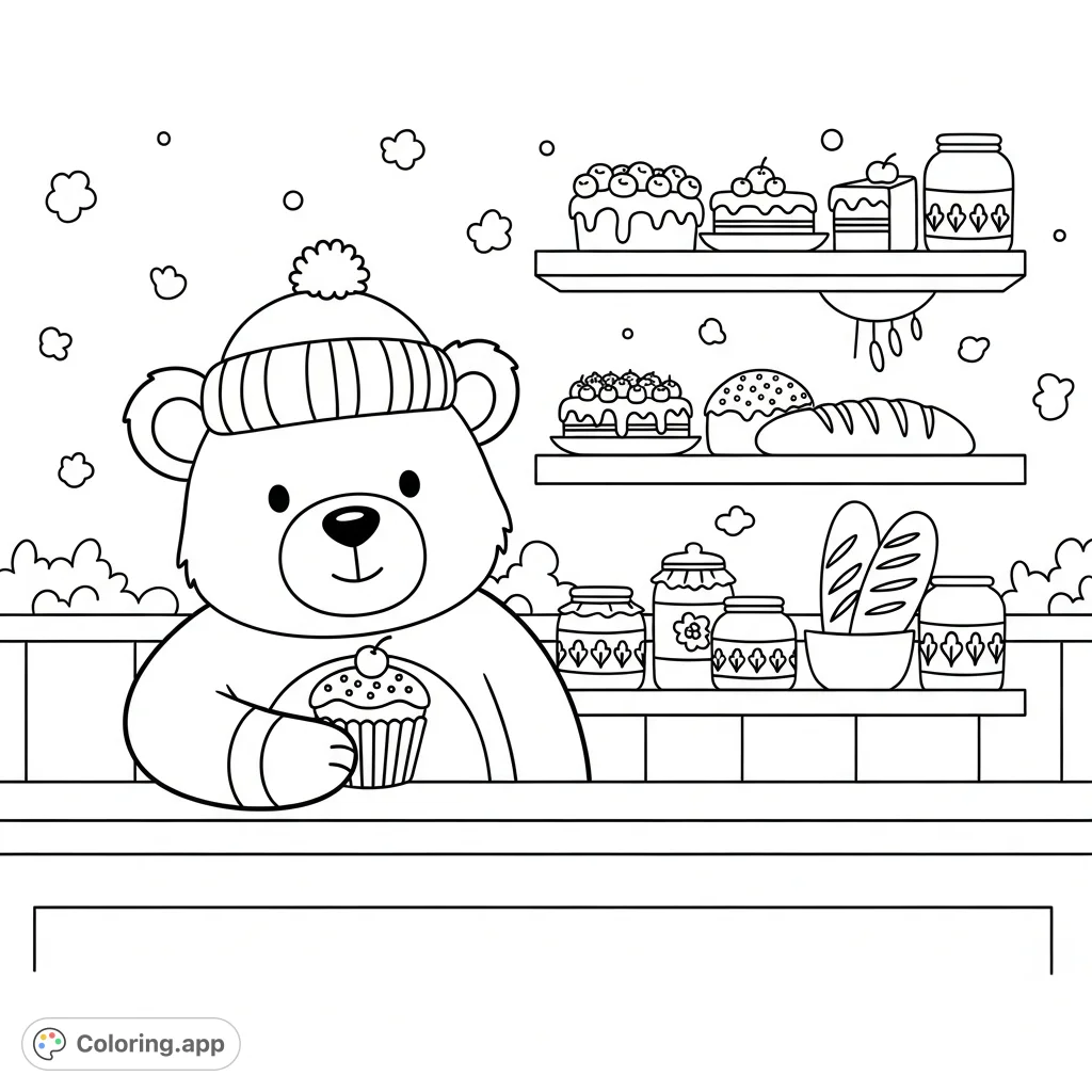 A delightful dessert shop scene featuring a smiling bear in a winter hat holding a cupcake, with shelves of cakes and bread. Perfect for young artists!