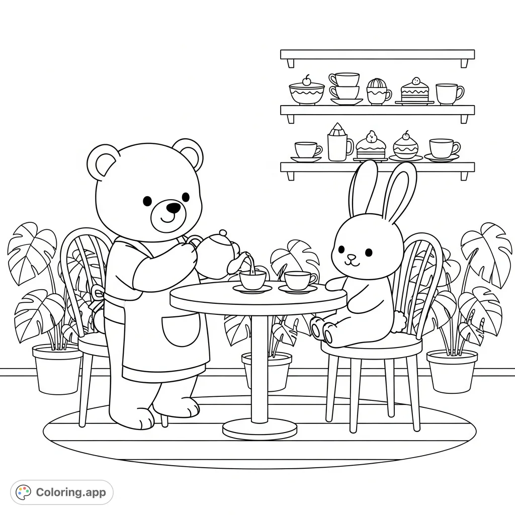 A delightful animal cafe scene featuring a friendly bear serving tea and a bunny enjoying the cozy atmosphere. Perfect for young colorists!