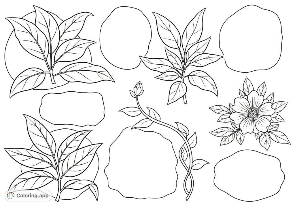 Discover a tranquil plants coloring page featuring simple, stylized botanical forms with ample negative space, perfect for easy coloring and relaxation.