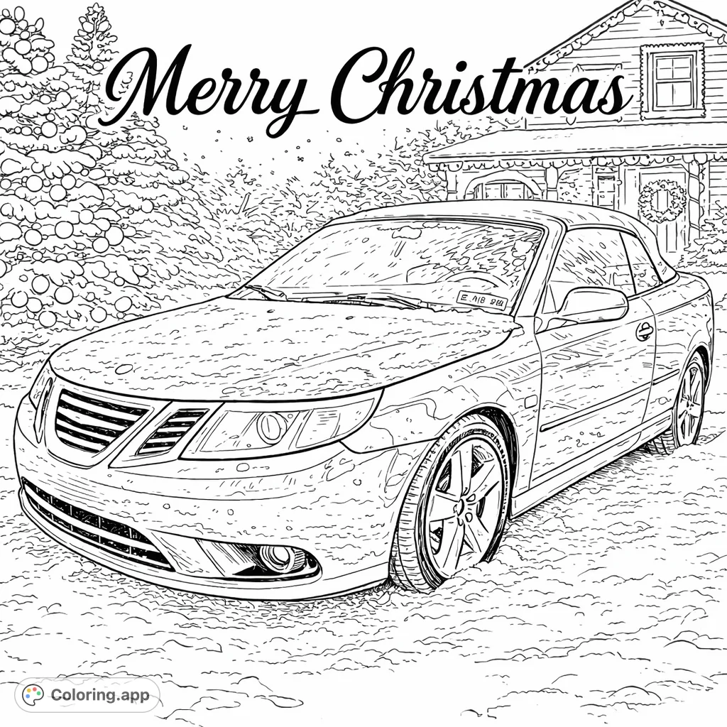 Capture the festive spirit with a classic car amidst a snowy landscape, featuring decorated evergreen trees and a warmly lit house. Perfect for holiday relaxation.