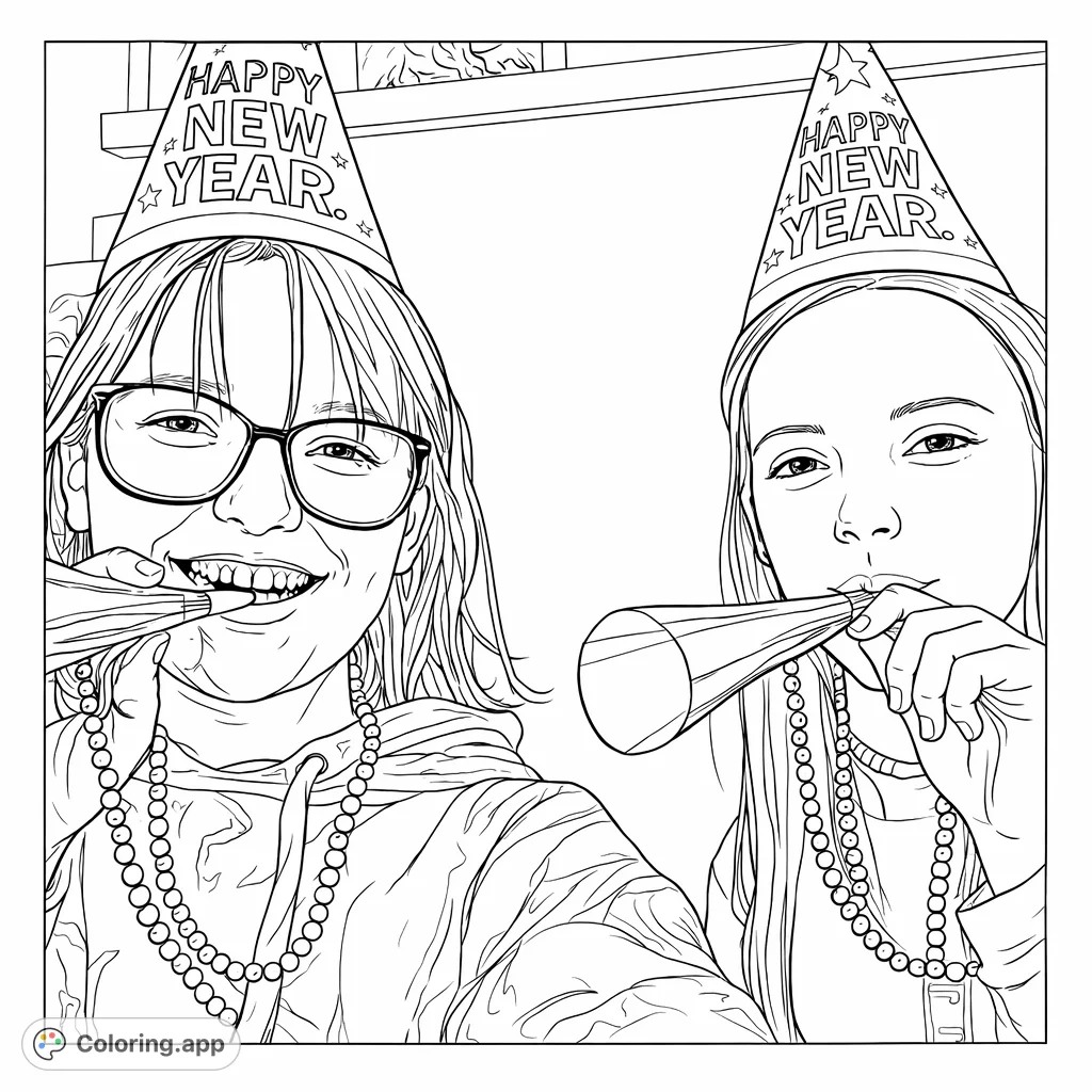 Celebrate with this New Year's party coloring page featuring two friends with hats and horns. Perfect for festive fun!