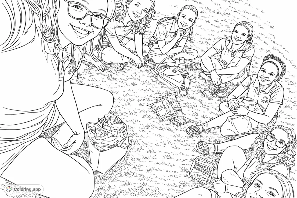 Gather with friends for an outdoor picnic! This cheerful scene features smiling faces and shared snacks on a sunny day, perfect for a relaxing coloring experience.