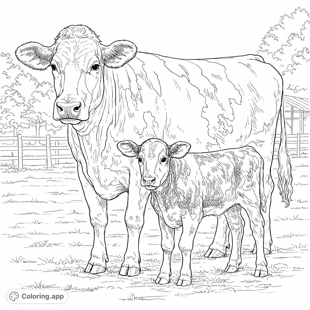 A heartwarming cow and calf coloring page, perfect for farm animal lovers. Capture the serene bond between mother and offspring in a peaceful farm setting.