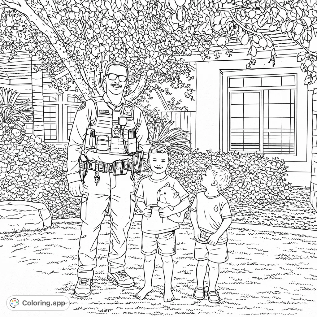A friendly uniformed officer poses with two young boys on a sunny lawn. This community hero coloring page celebrates public service and childhood innocence.