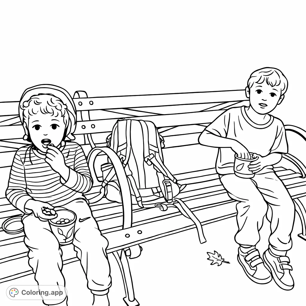 Two boys enjoy snacks on a park bench with a backpack in between. A simple, cartoony scene perfect for young colorists to add their favorite shades in bold outlines.