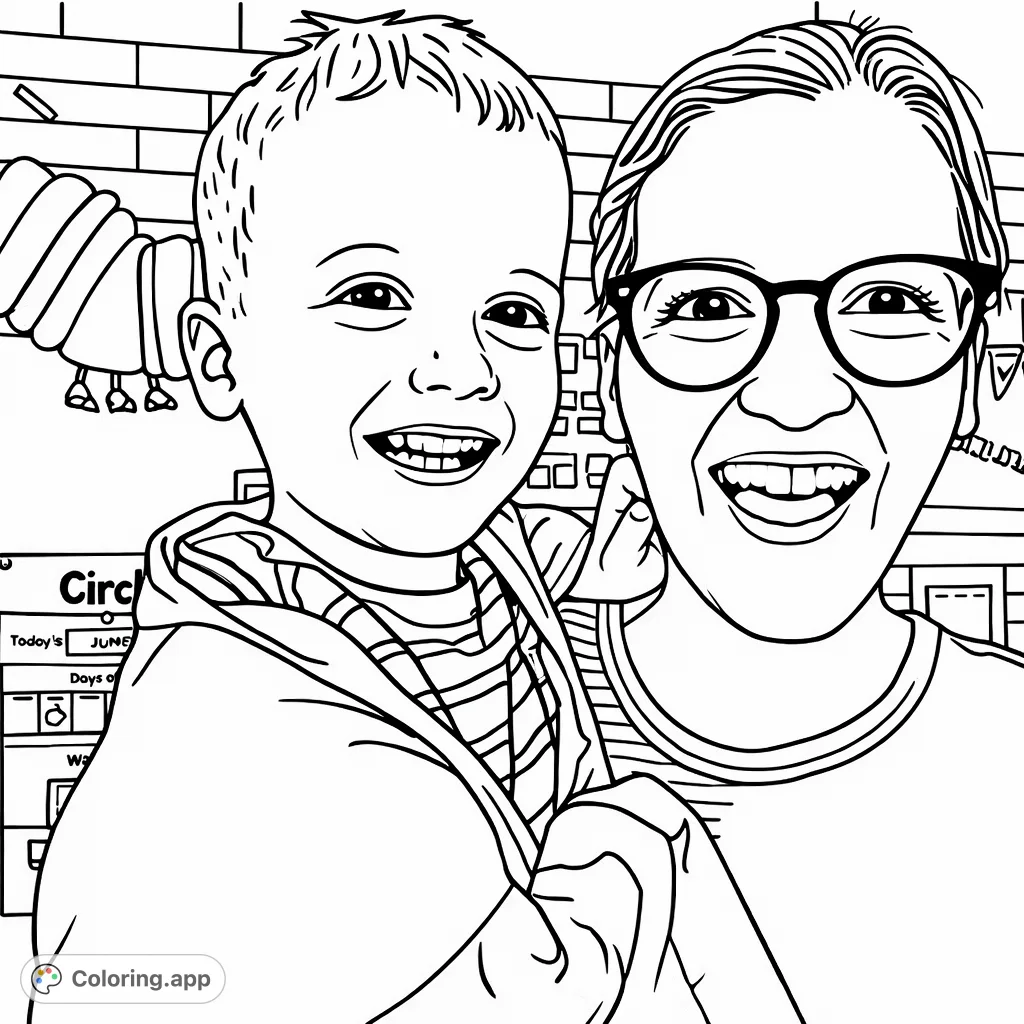 Capture a heartwarming moment of a smiling child in a lab coat and an adult in a lively classroom. A cheerful scene for creative expression and family fun.