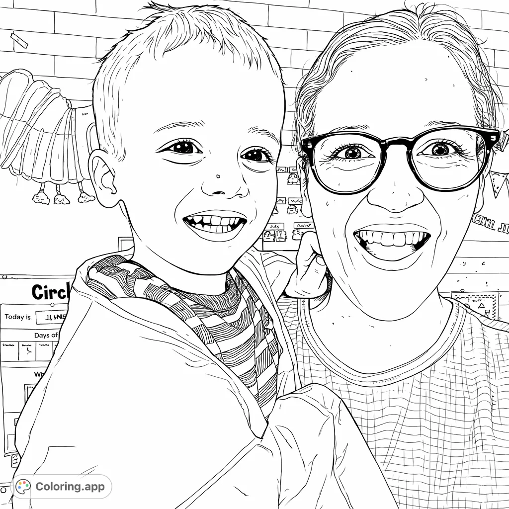 A heartwarming coloring page featuring a broadly smiling woman and a happy young boy in a lab coat, perfect for celebrating family bonds and classroom fun.