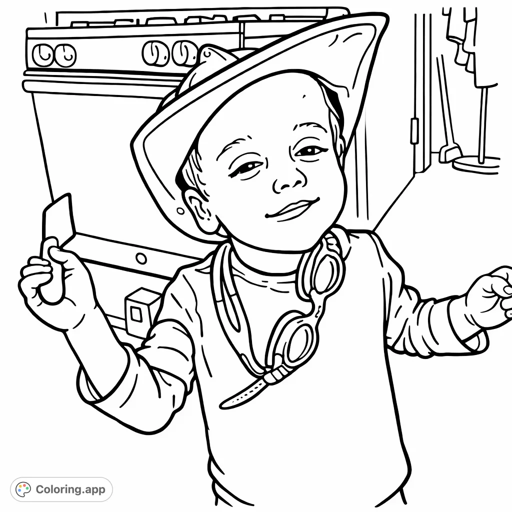 A playful child in a fireman's hat, ready for adventure with a toy knife and swimming goggles. A fun and simple scene for young colorists.