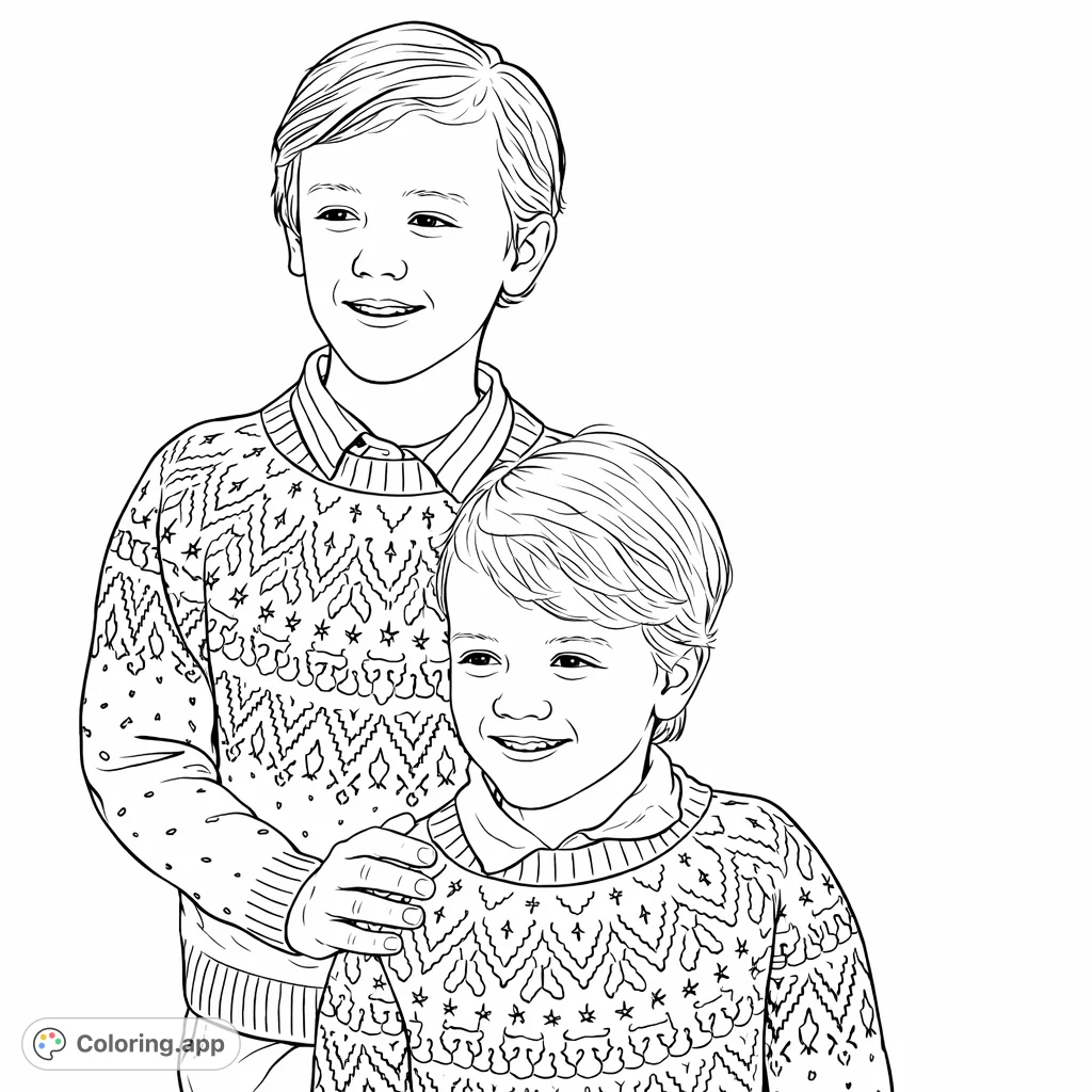 A heartwarming scene featuring two smiling boys in charming patterned sweaters, one gently resting a hand on the other's shoulder. Perfect for family-themed coloring fun.