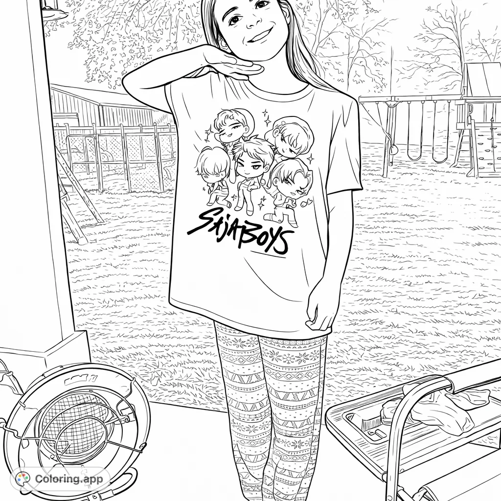 A smiling person models a t-shirt featuring five stylized chibi characters, paired with intricately patterned pajama pants in a detailed backyard setting with a playset.