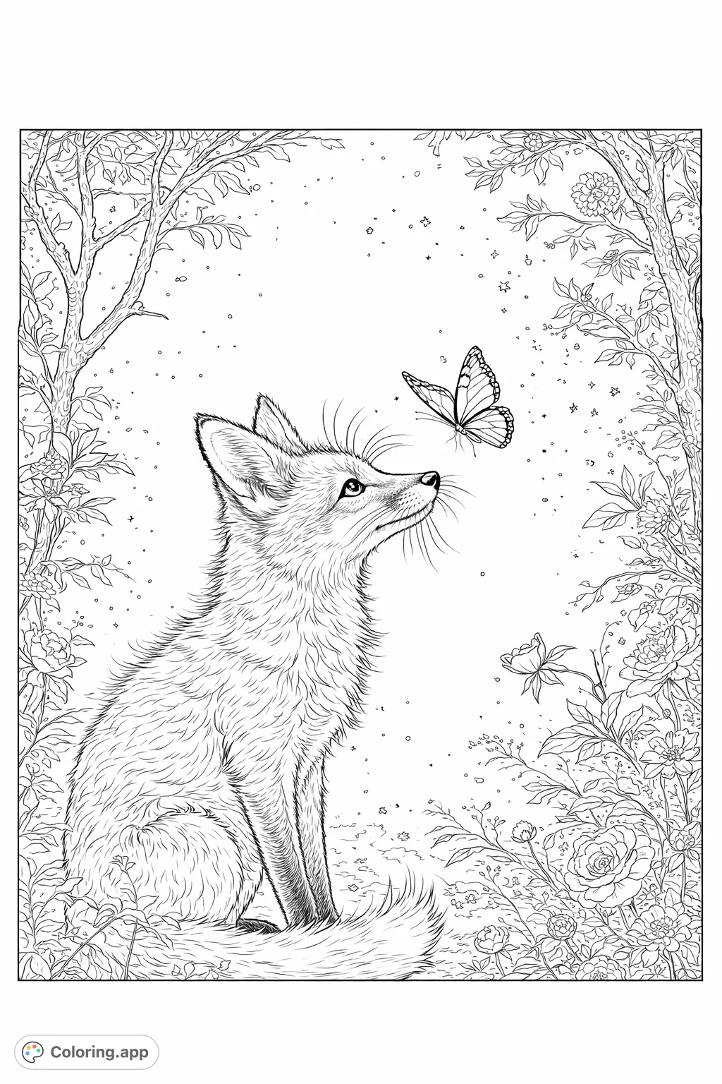 An enchanting fox gazes at a delicate butterfly amidst a magical forest scene with intricate flowers. A captivating design for all ages.