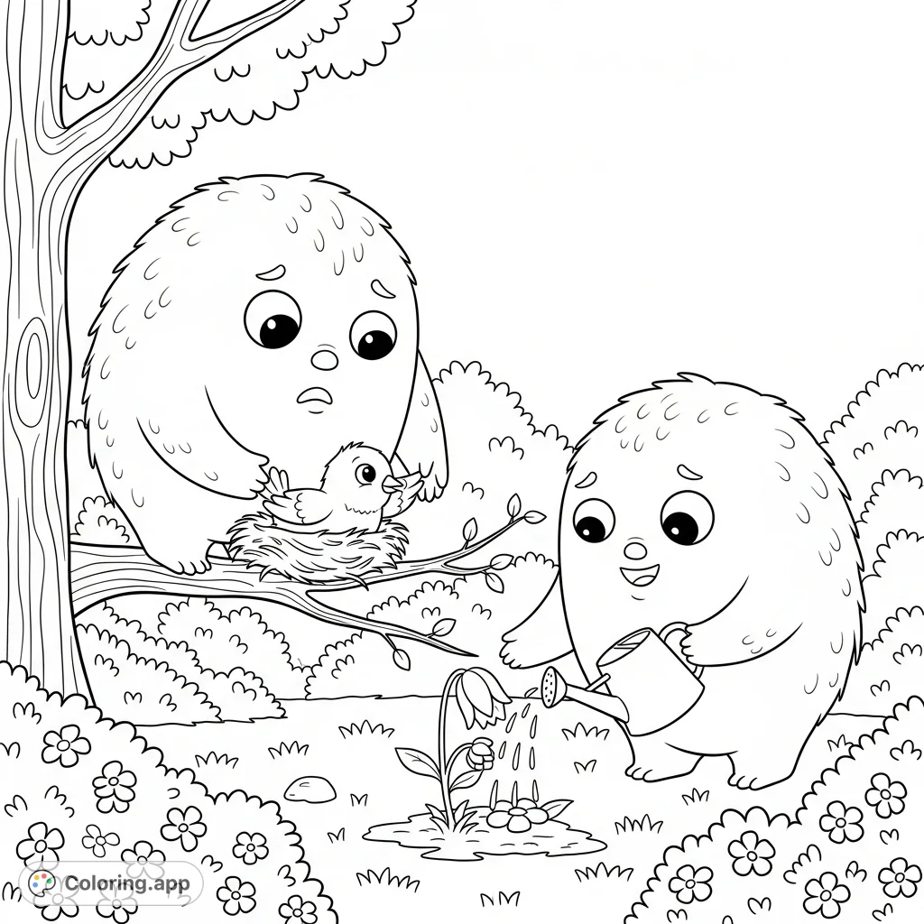 Discover a charming friendly monsters coloring page! Two smiling monsters show kindness, helping a bird and watering a flower in a serene park setting.