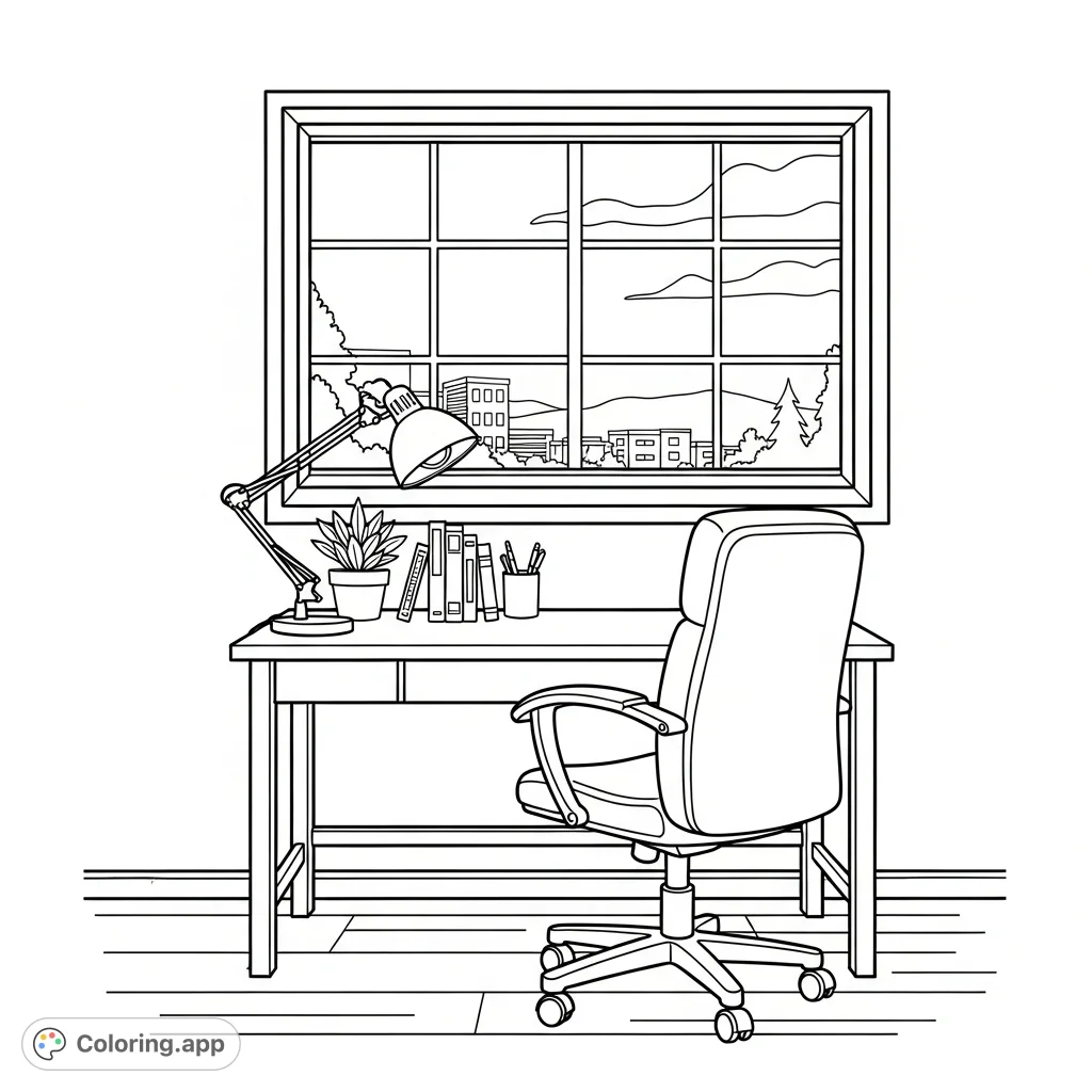 Unwind with this simple home office nook coloring page, featuring a desk, chair, lamp, and a window offering a serene view. Perfect for relaxation.