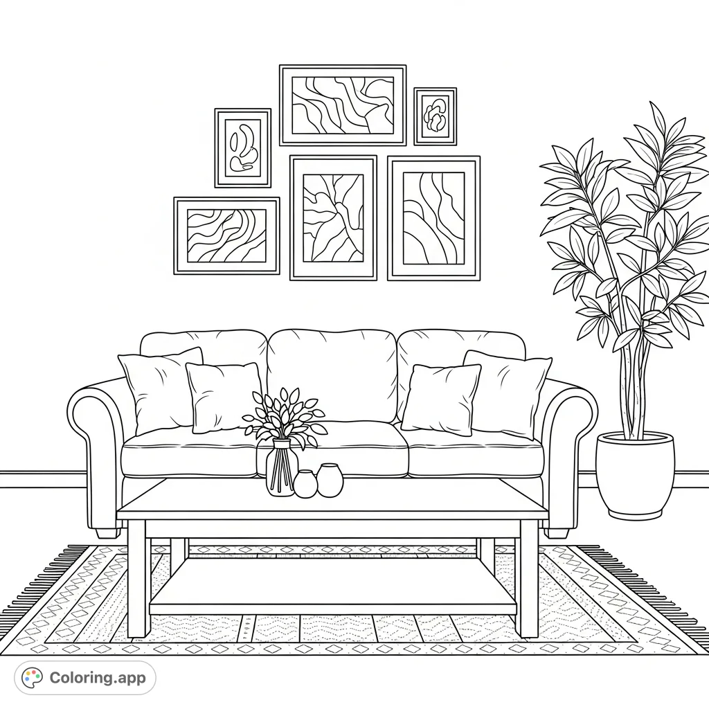 Discover a welcoming living room scene, complete with a coffee table, plush couch, patterned rug, and stylish wall art, offering a relaxing coloring experience.