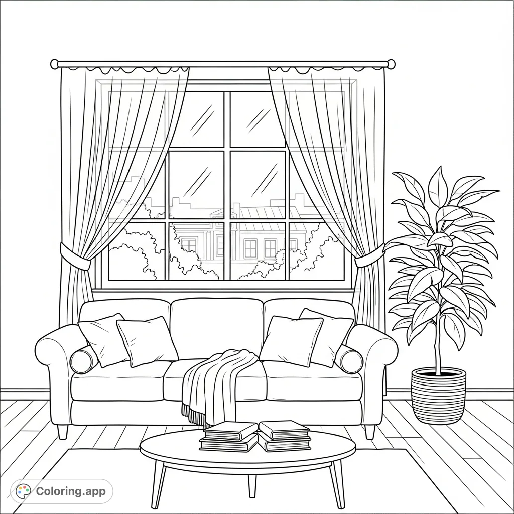 Step into a tranquil living room coloring page featuring a plush sofa, sunlit window with tied-back curtains, a leafy floor plant, and a coffee table. Perfect for a peaceful escape.