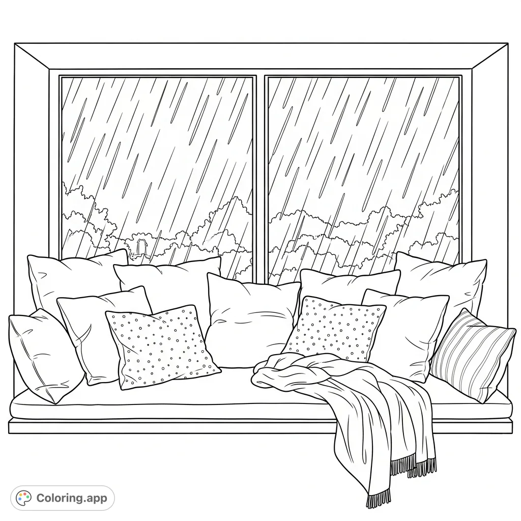 Escape into comfort with this cozy window seat coloring page featuring plush cushions, a soft blanket, and a tranquil rainy outdoor view. Perfect for relaxation.