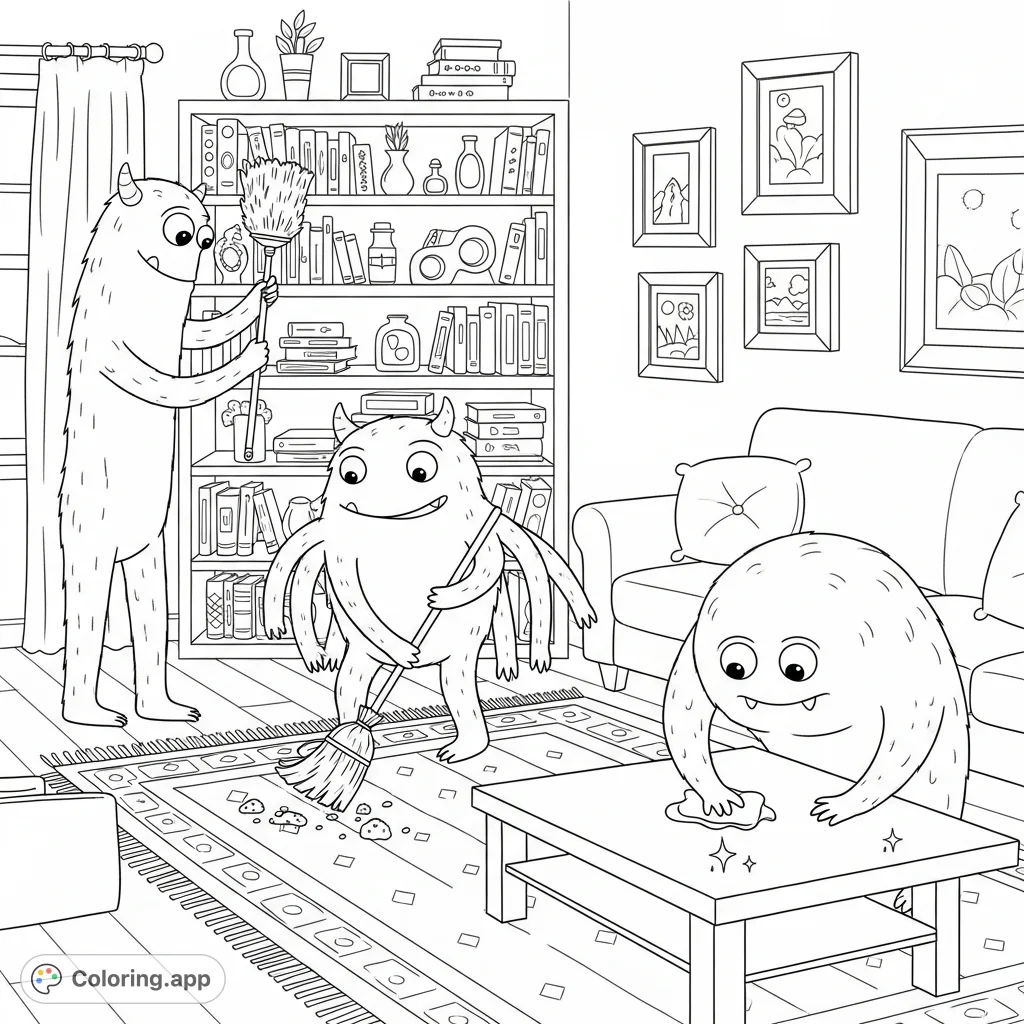 A fun and engaging coloring page featuring adorable monsters tidying a living room. Perfect for sparking imagination and teaching responsibility to kids!