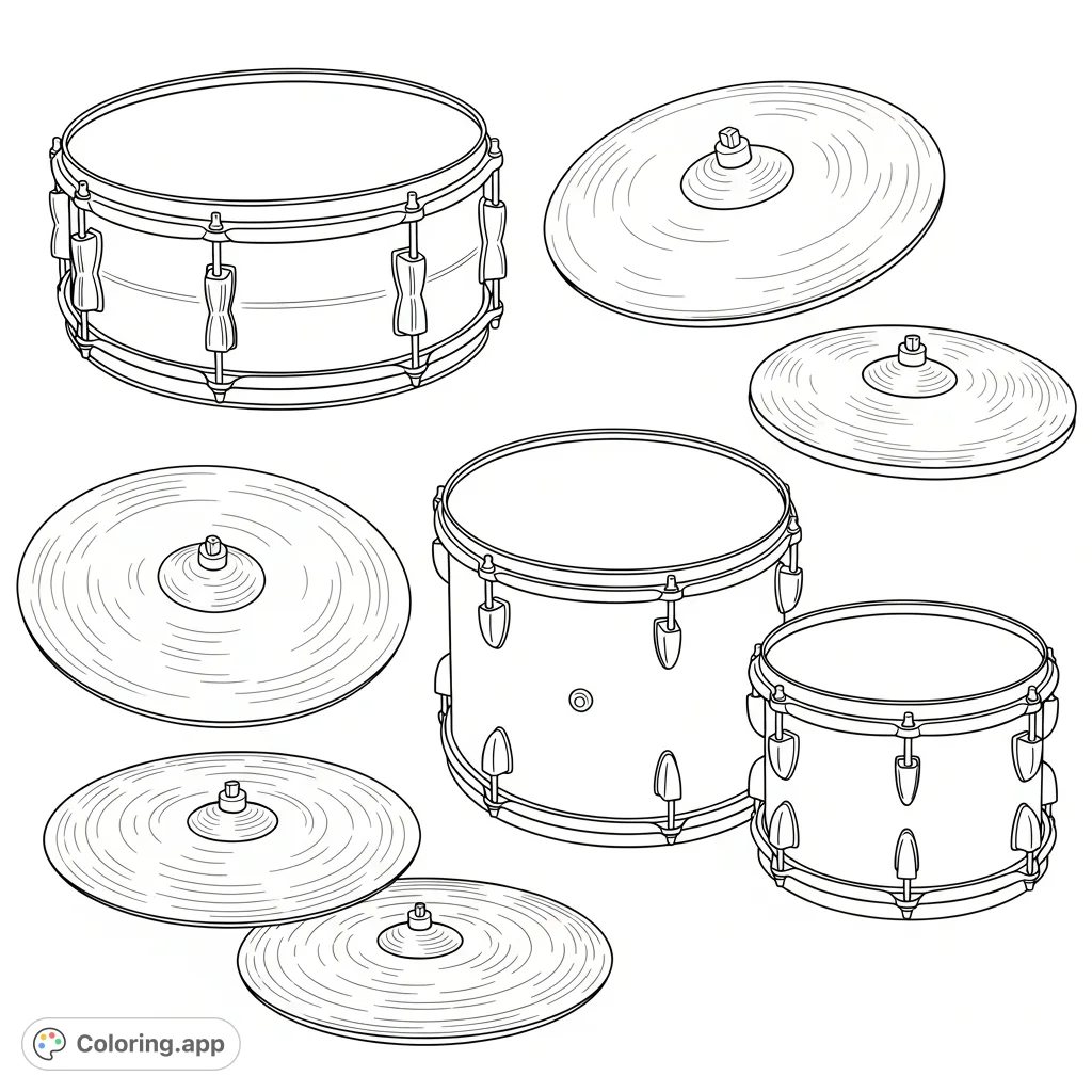 Color individual drum kit pieces like snare, toms, and cymbals. Perfect for young musicians and a fun introduction to musical instruments.