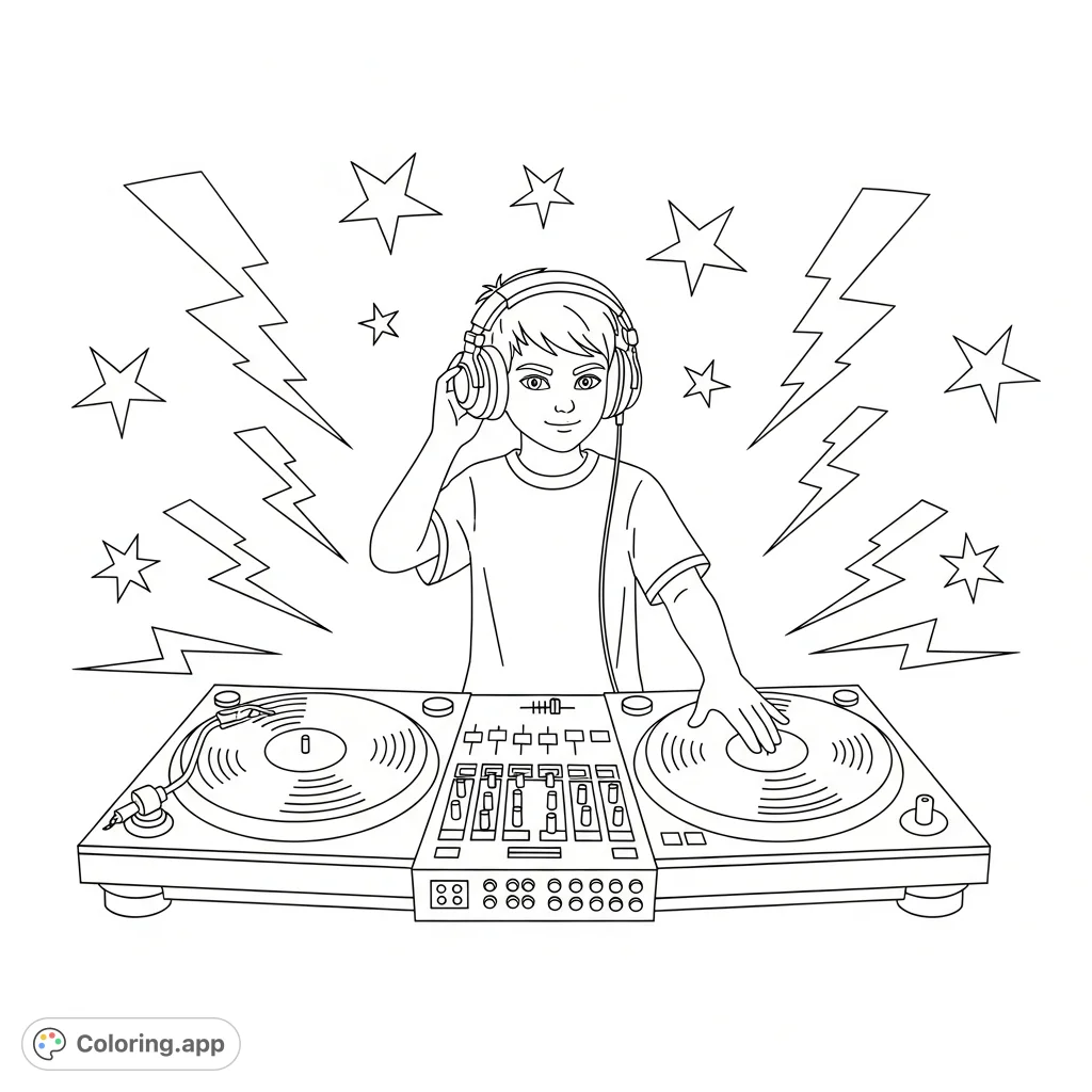 An energetic kid DJ spins tracks on turntables, adorned with big headphones, surrounded by electrifying lightning bolts and twinkling stars. A fun, free printable coloring page.