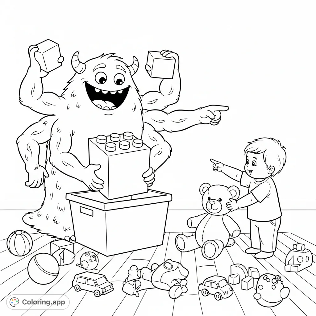 A joyful, four-armed monster helps a small child clean up toys in a lively playroom. This heartwarming scene promotes tidiness and friendship through playful interaction.