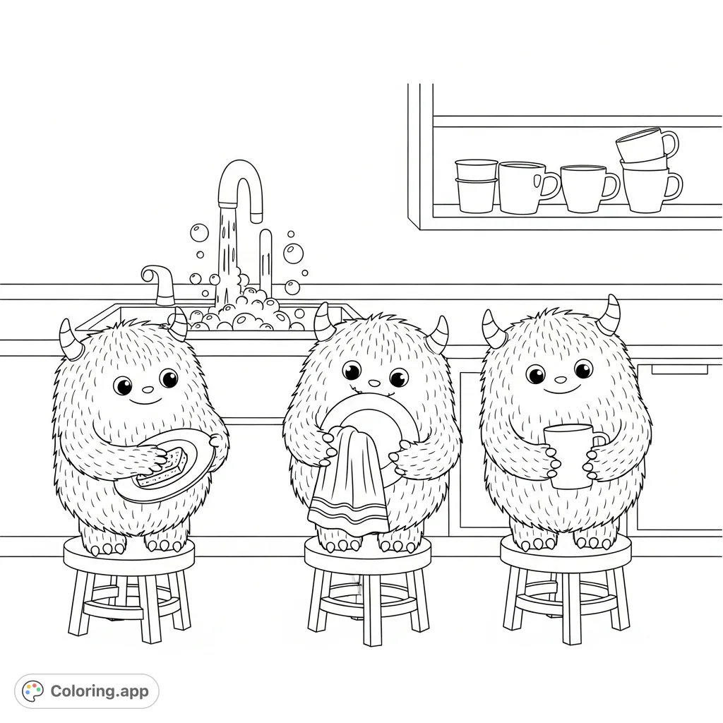 A charming trio of fuzzy monsters cheerfully tackles dishwashing in a bright kitchen, each performing a task, surrounded by bubbles. A delightful, clean-up themed coloring page.