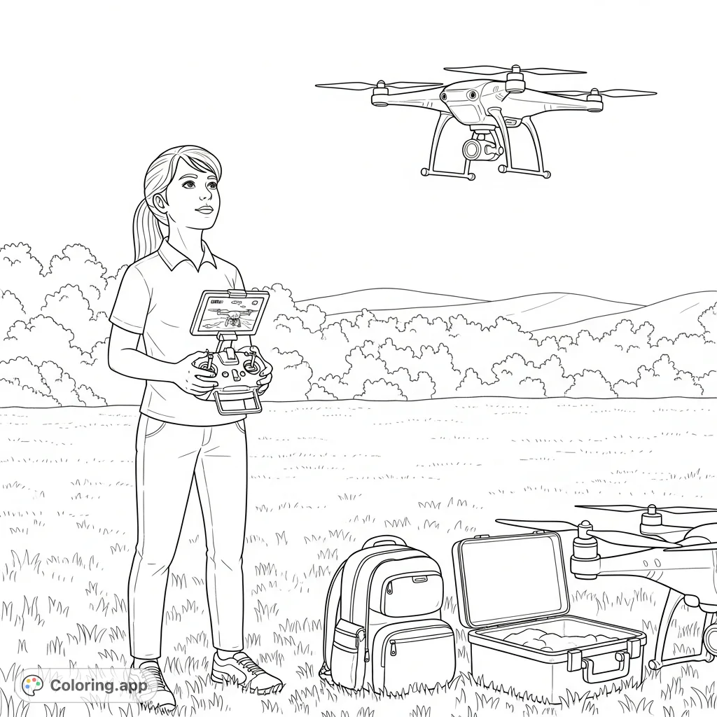 A young girl operates a sophisticated rescue drone in a vast grassy field, remote in hand, with a second drone nearby. A detailed outdoor scene for all ages.